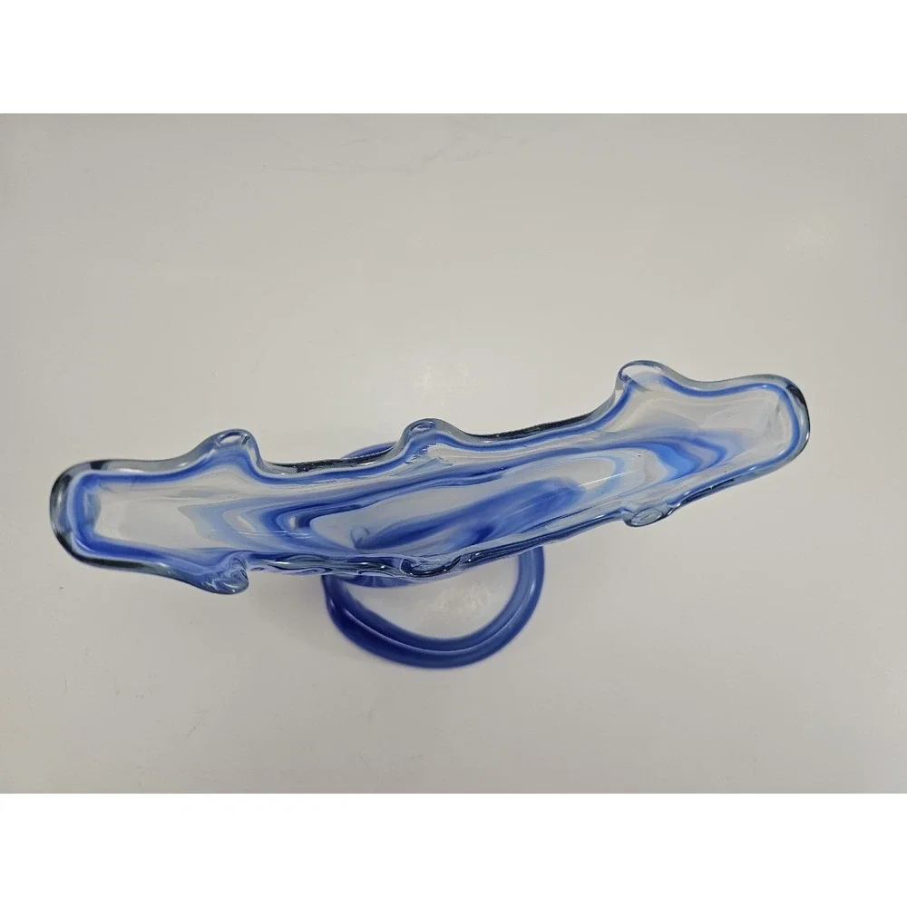 Art Glass Vase Swirled Blue and White Trumpet Decorative Coiled Base 7.25in